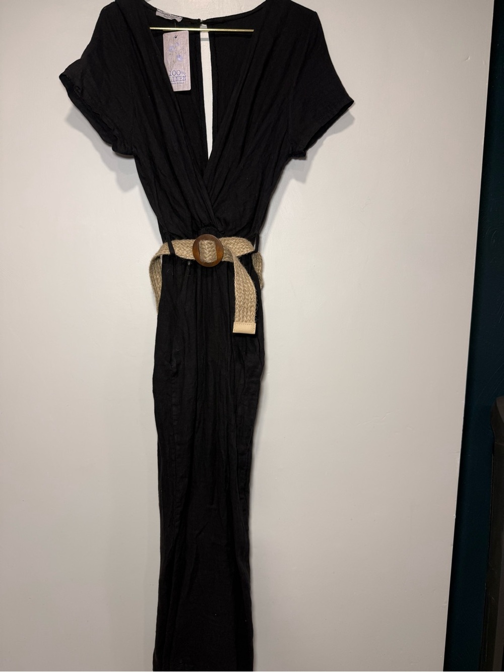 PURO LINO Black 100% Linen V-Neck Jumpsuit with Belt